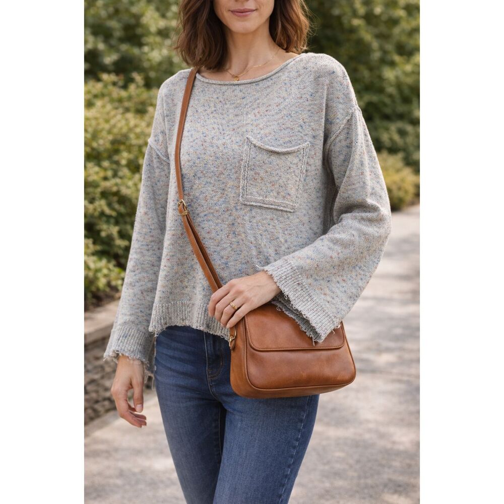 Promesa Speckled Knit Sweater – Size S – Cropped Raw Hem Pocket Pullover Sweater